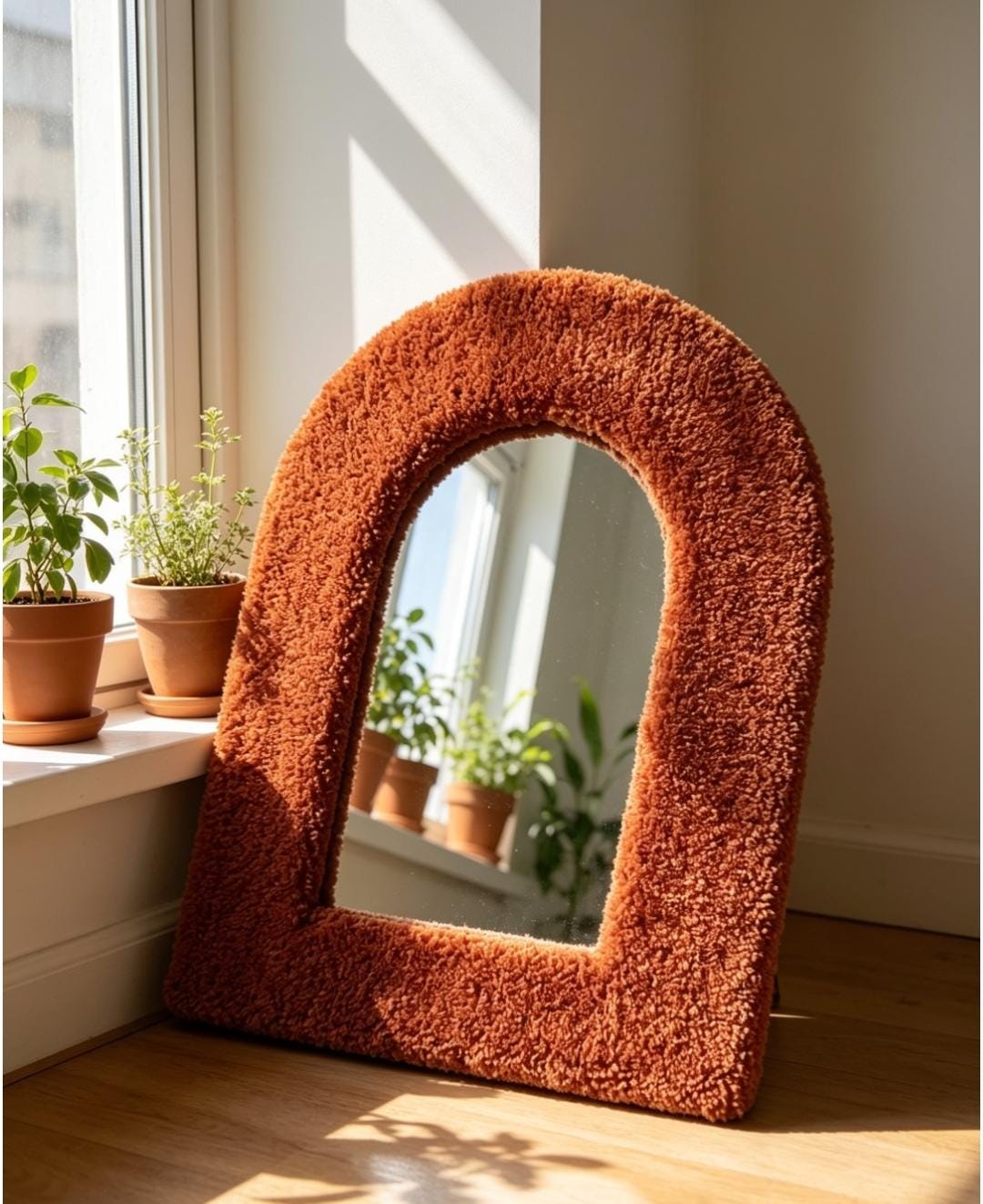Handmade Bouclé Arch Mirror, Burnt Orange Plush Wall Decor, Cozy Bedroom Vanity Mirror
