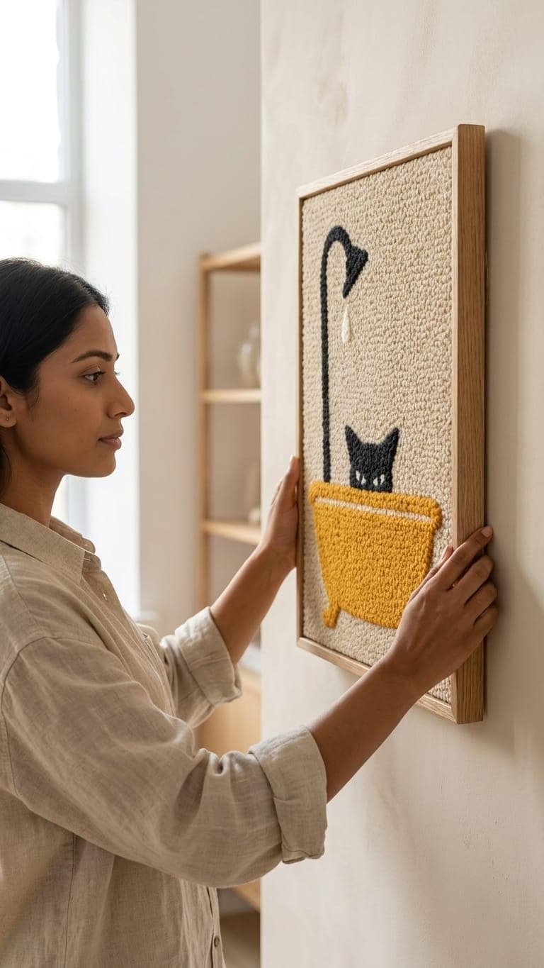 Funny Black Cat Bathtub Wall Art | Tufted Cat in Bath Punch Needle Frame | Cute Bathroom Restroom Decor | Framed Textile Art Gift