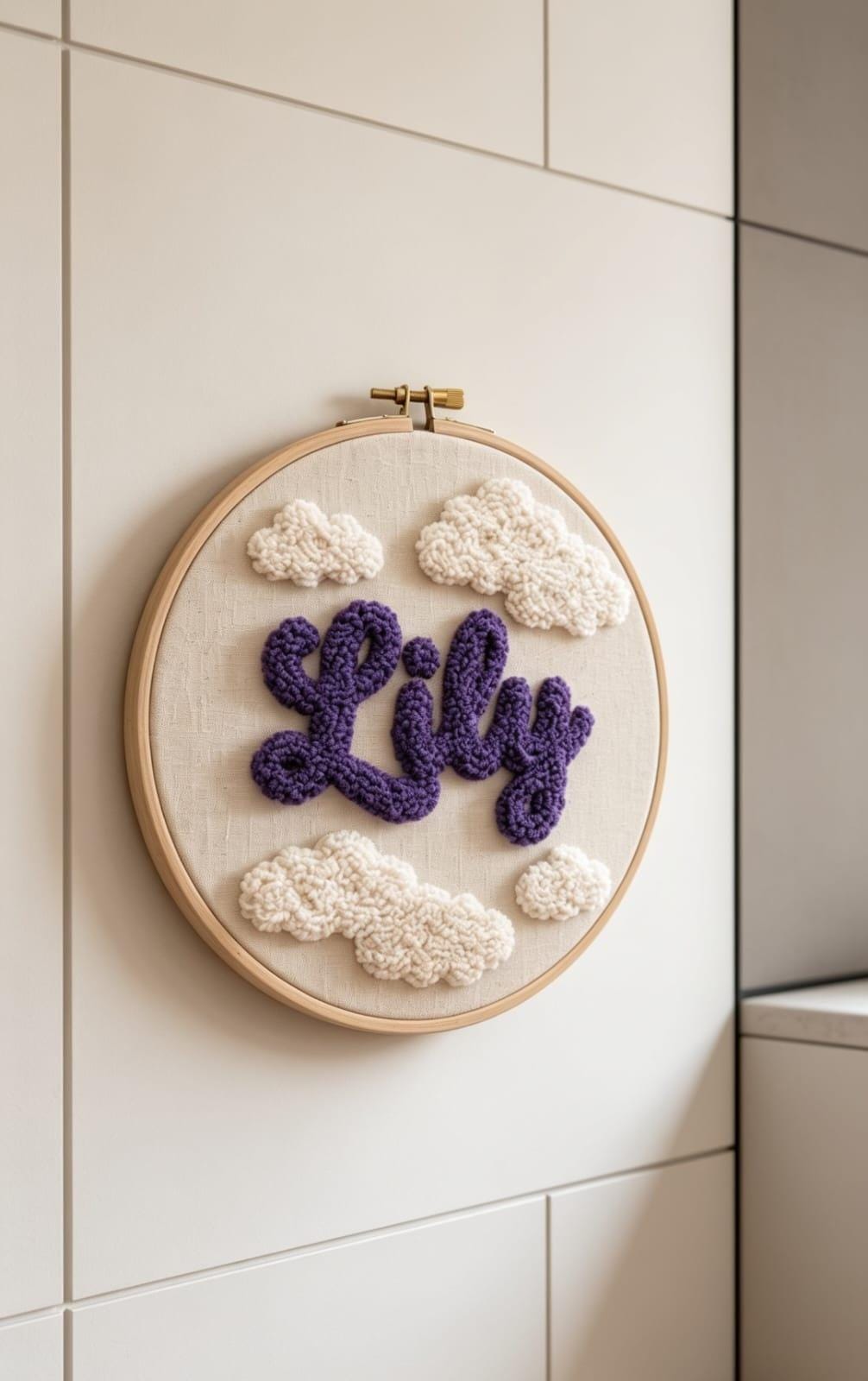 Personalized Punch Needle Hoop Art, Custom Name Sign, Nursery Cloud Decor