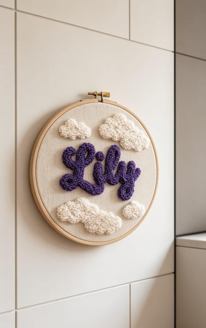 Personalized Punch Needle Hoop Art, Custom Name Sign, Nursery Cloud Decor