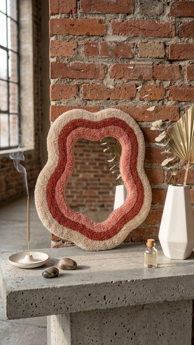 Tufted Wavy Mirror | Organic Punch Needle Wall Art, Boho Terracotta Pink Room Decor