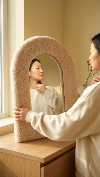 Handmade Boucle Arch Mirror, Plush Vanity Decor, Soft Cream Texture Wall Accent
