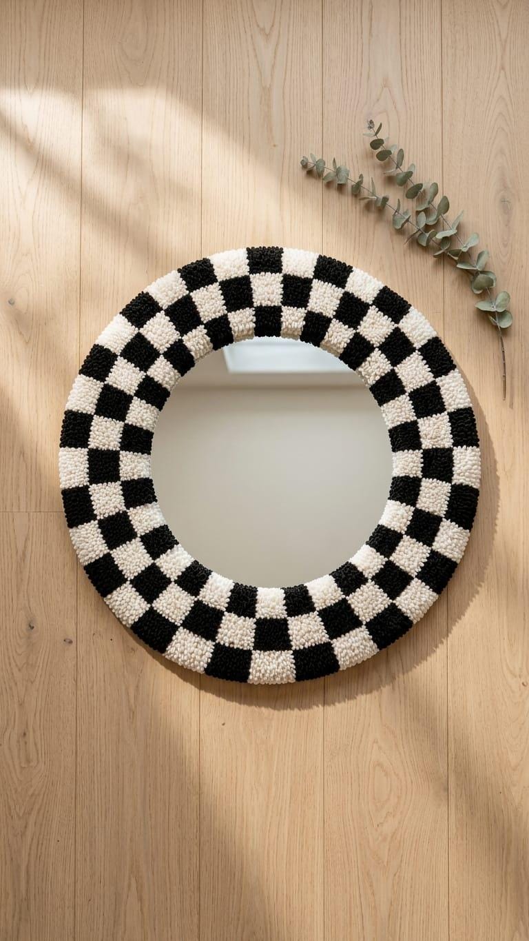 Tufted Checkerboard Mirror | Round Punch Needle Wall Art, Retro Decor