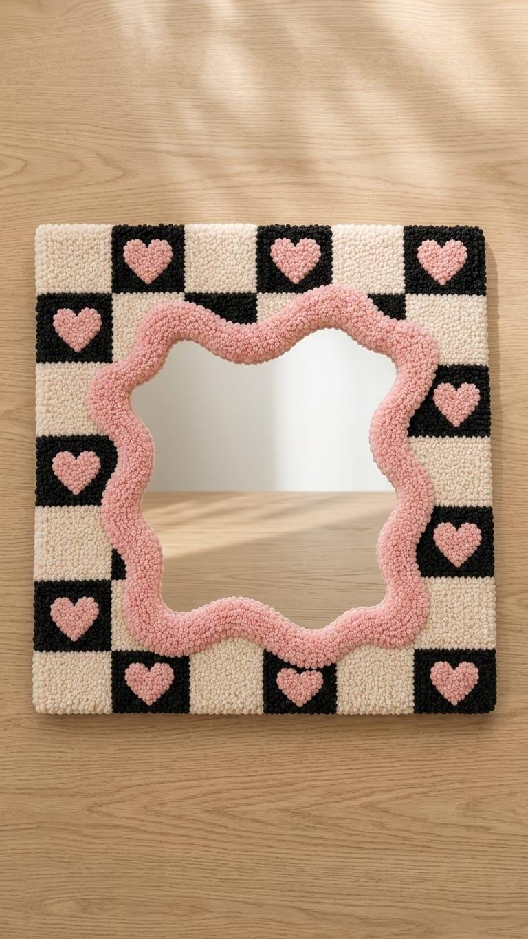Hand-Tufted Checkerboard Mirror with Pink Hearts, Punch Needle Wall Art