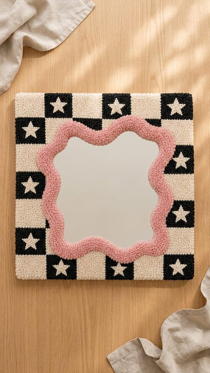 Tufted Checkerboard Mirror, Pink Wavy Border, Punch Needle Star Wall Art