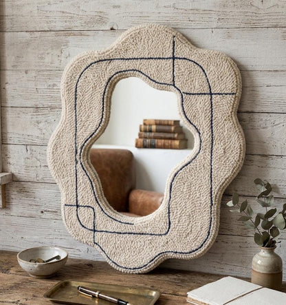 Wavy Punch Needle Mirror, Scalloped Tufted Frame, Abstract Line Art Decor, Boho Wall Mirror