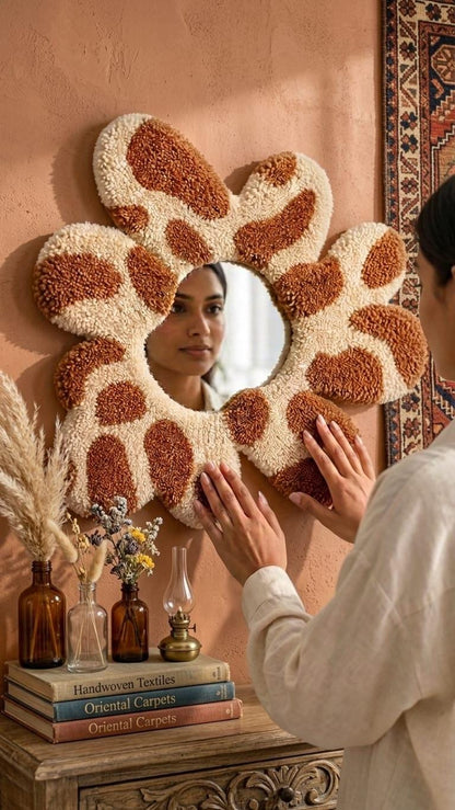 Tufted Flower Mirror | Giraffe Print Punch Needle Wall Art | Boho Decor