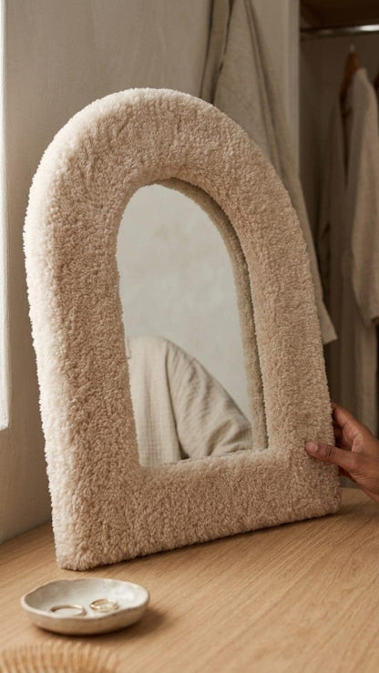 Handmade Boucle Arch Mirror, Plush Vanity Decor, Soft Cream Texture Wall Accent