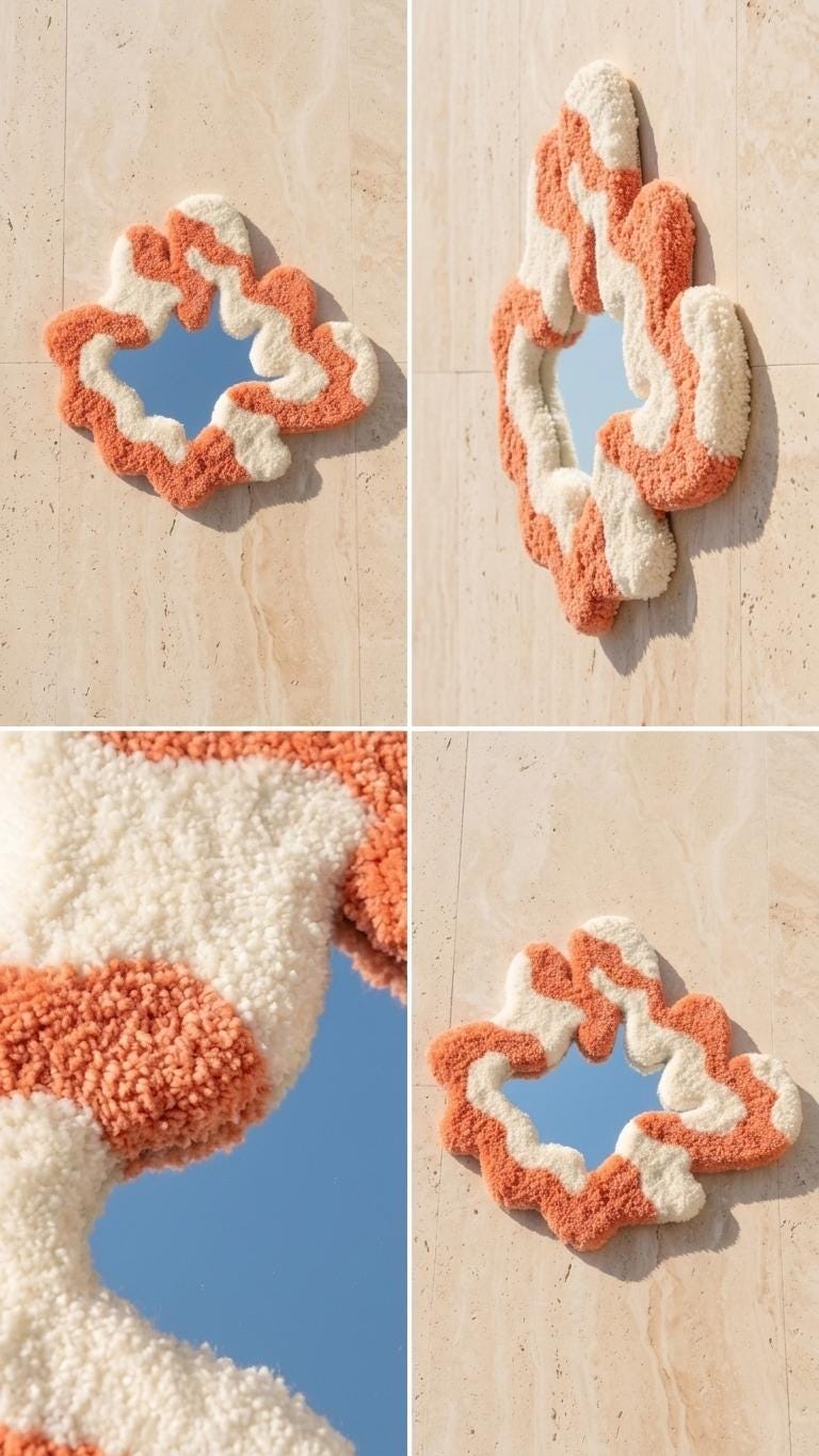 Handmade Tufted Wavy Mirror, Terracotta Cream Organic Wall Decor
