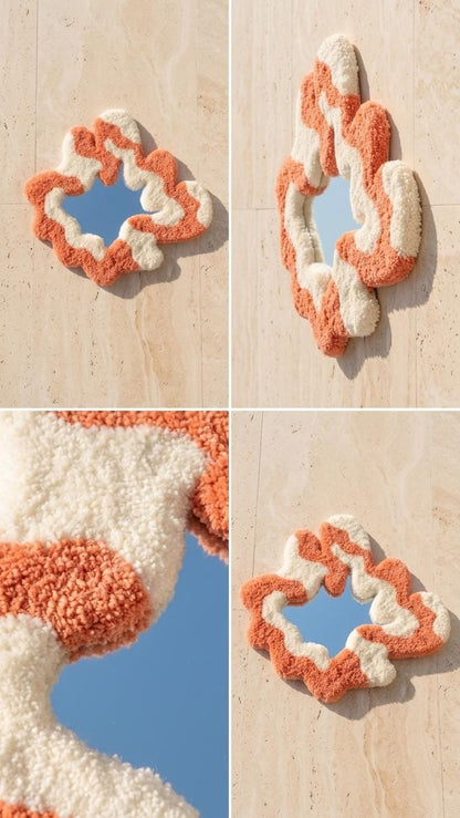 Handmade Tufted Wavy Mirror, Terracotta Cream Organic Wall Decor