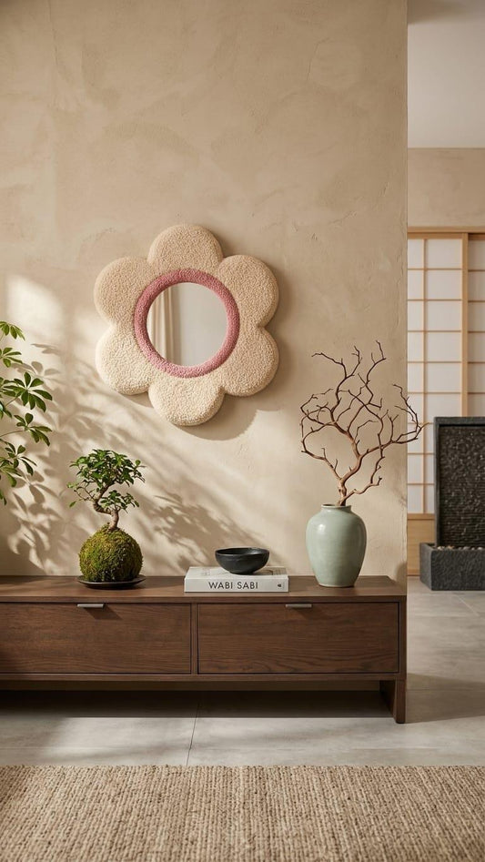 Flower Mirror, Tufted Wall Mirror, Cream Floral Mirror, Pink Flower Decor, Neutral Wall Decor, Cute Bedroom Mirror, Handmade Home Decor