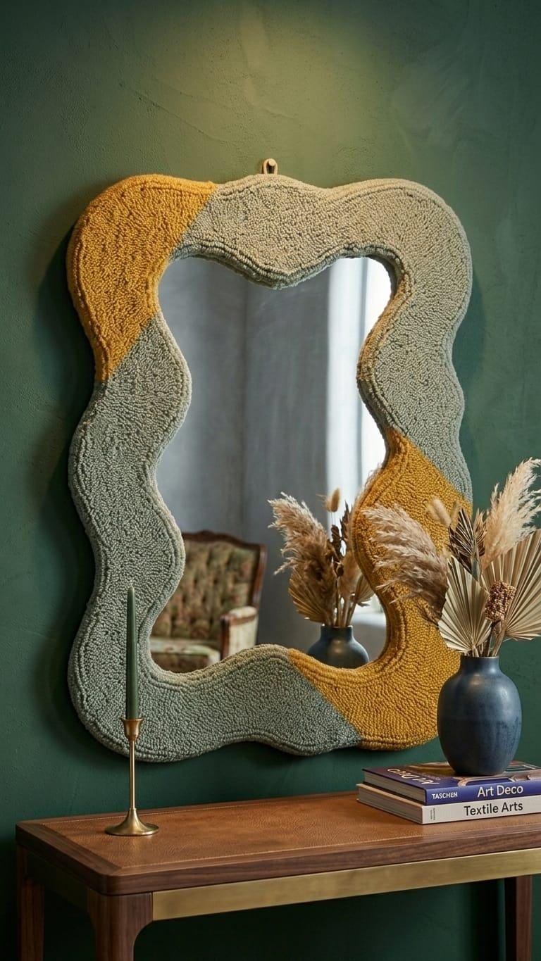 Tufted Wavy Mirror, Sage Green Mustard Yellow Punch Needle Wall Art