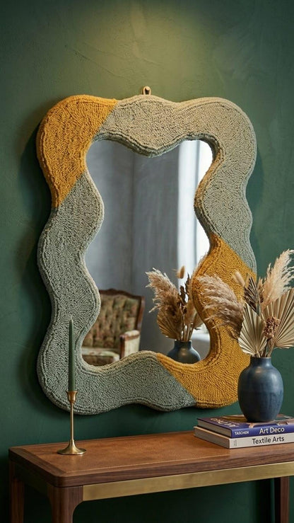 Tufted Wavy Mirror, Sage Green Mustard Yellow Punch Needle Wall Art