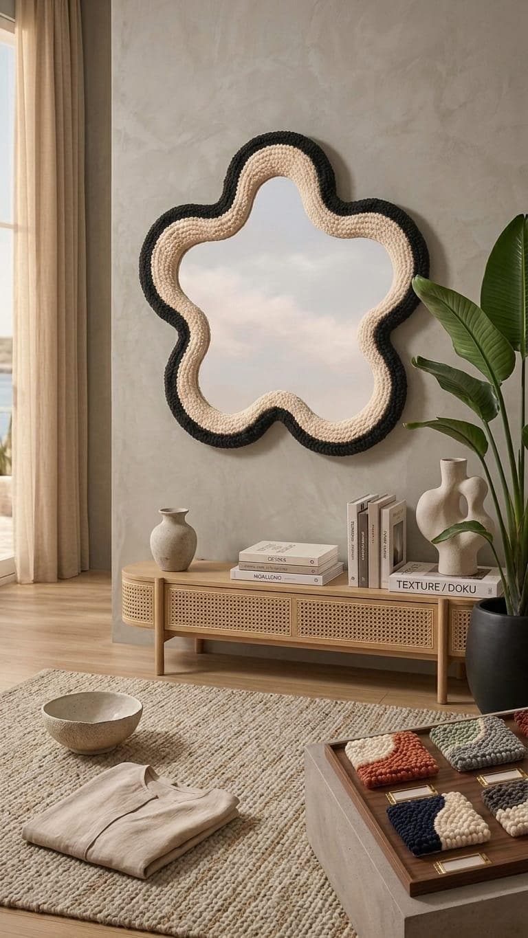 Tufted Flower Mirror | Black and Cream Punch Needle Wall Art | Wavy Star Shaped Mirror | Modern Japandi Room Decor | High Contrast Accent