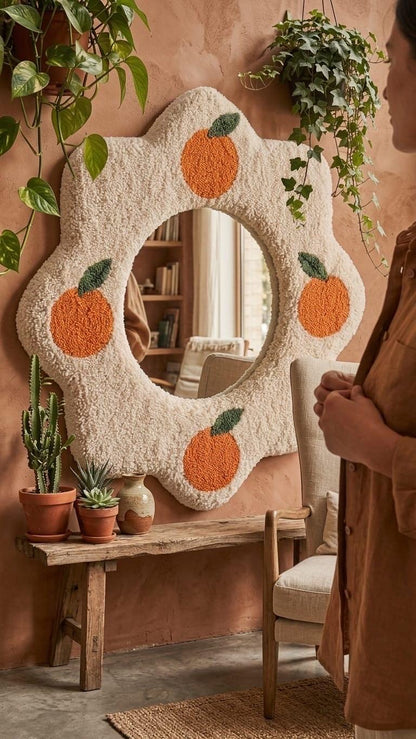 Tufted Orange Fruit Mirror | Flower Punch Needle Wall Art | Boho Wavy Cream Mirror