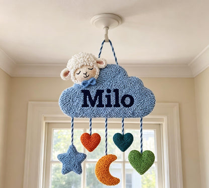 Personalized Cloud Name Sign, Tufted Sheep Nursery Art, Punch Needle Decor