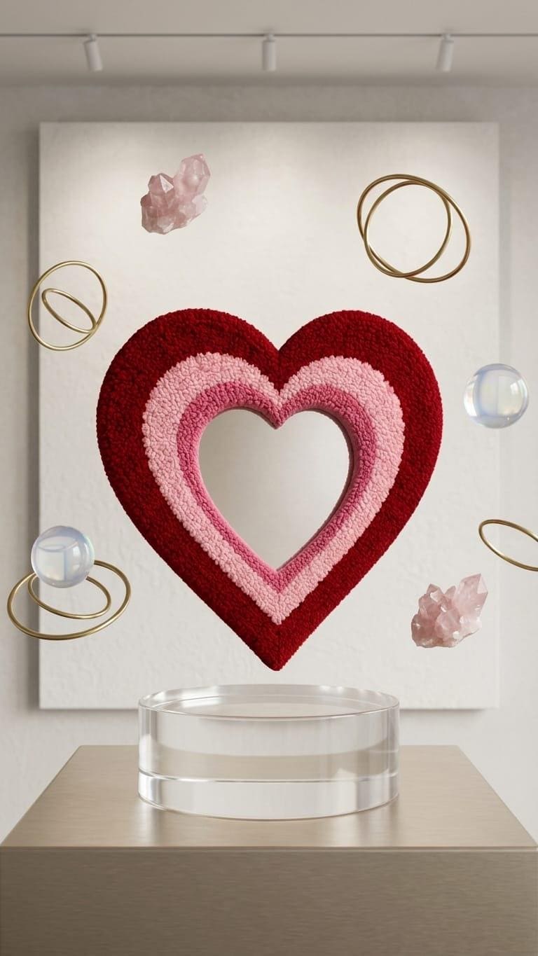 Heart Shaped Mirror, Tufted Heart Mirror, Pink and Red Wall Decor, Handmade Mirror, Coquette Room Decor, Funky Bedroom Mirror, Romantic Gift