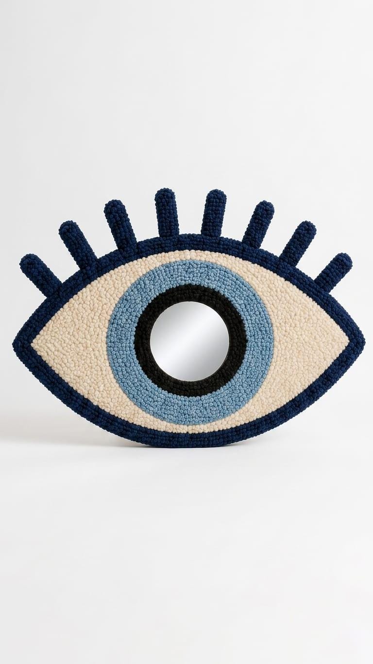 Evil Eye Mirror, Tufted Wall Mirror, Blue Eye Wall Decor, Greek Eye Decor, Boho Wall Mirror, Handmade Mirror, Mediterranean Home Decor