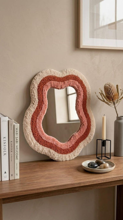 Tufted Wavy Mirror | Organic Punch Needle Wall Art, Boho Terracotta Pink Room Decor