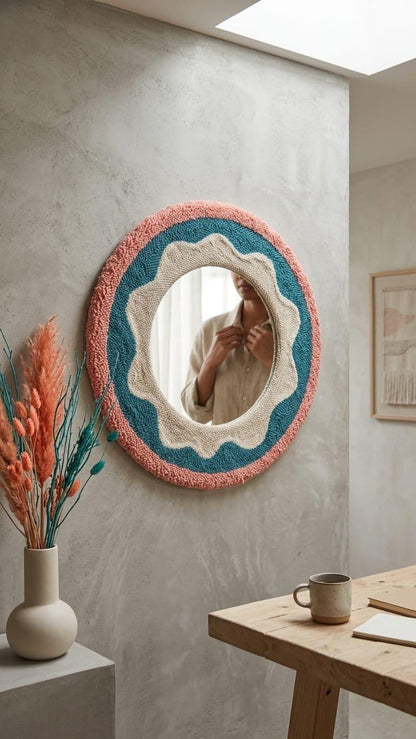 Round Tufted Mirror, Punch Needle Flower Wall Art, Retro Boho Decor