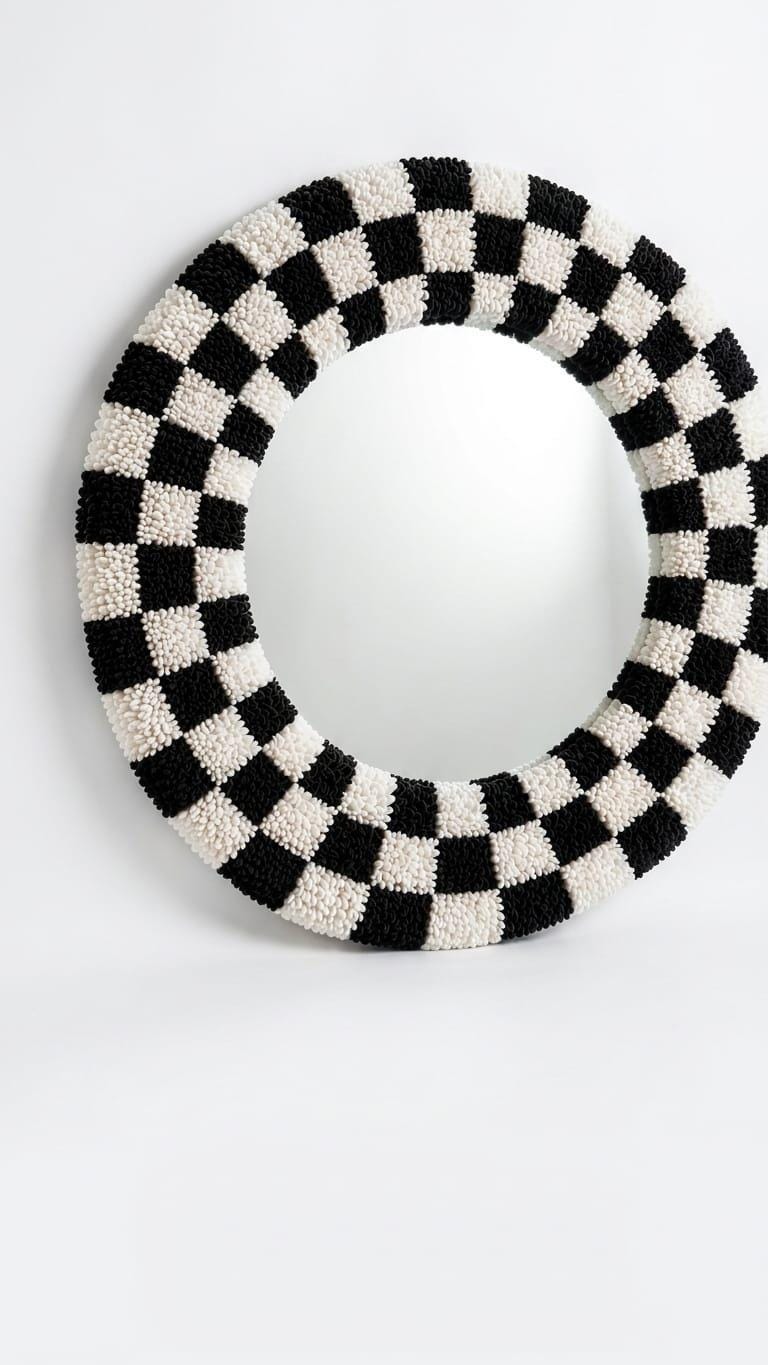 Tufted Checkerboard Mirror | Round Punch Needle Wall Art, Retro Decor