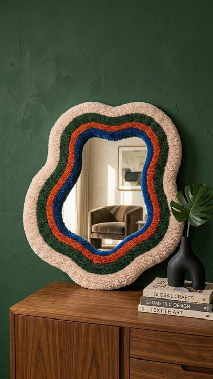 Tufted Wavy Mirror | Retro 70s Punch Needle Wall Art, Mid Century Modern Home Decor