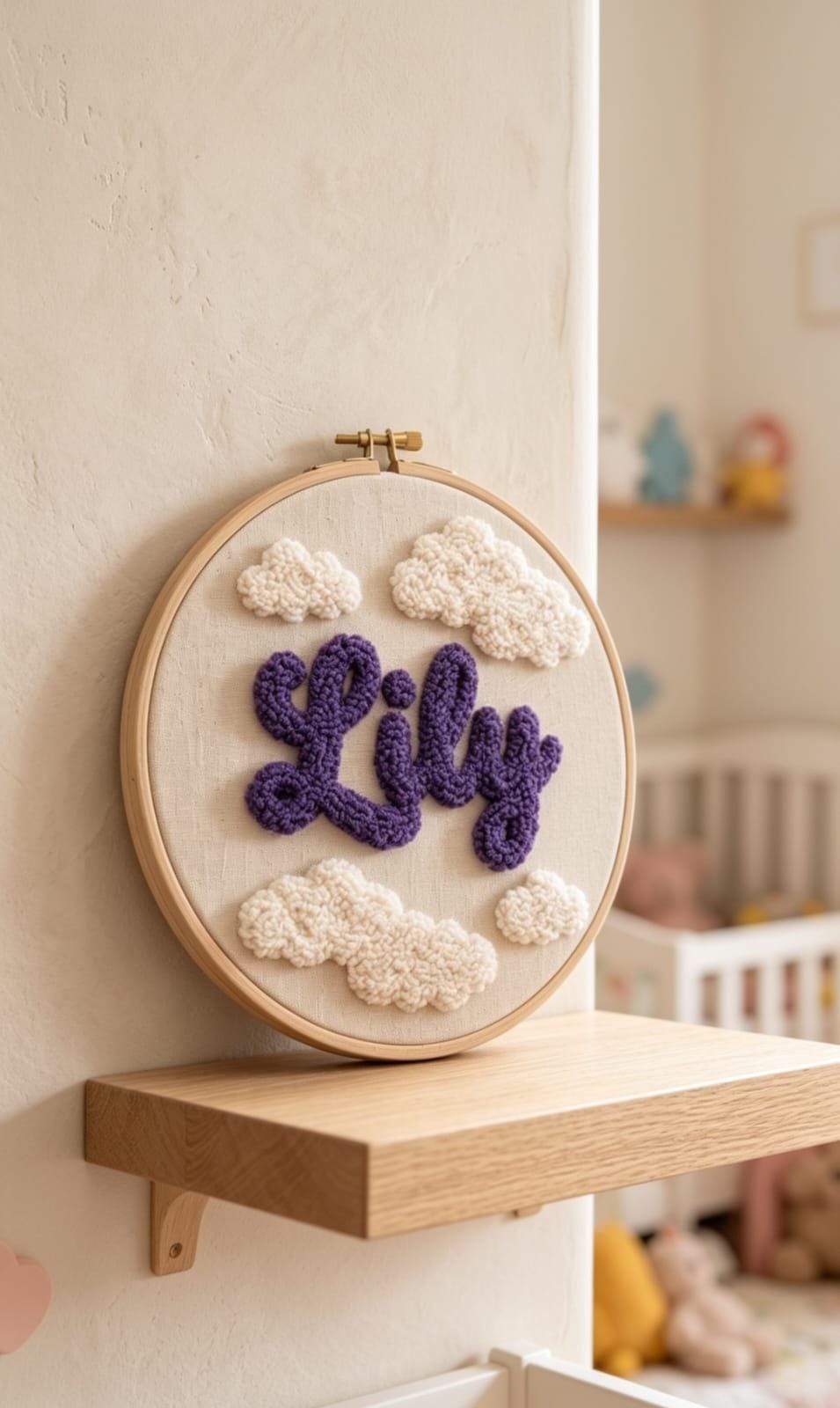 Personalized Punch Needle Hoop Art, Custom Name Sign, Nursery Cloud Decor