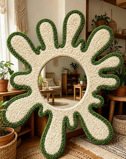 Tufted Splatter Mirror, Olive Green Cream Punch Needle Decor, Boho Room Art