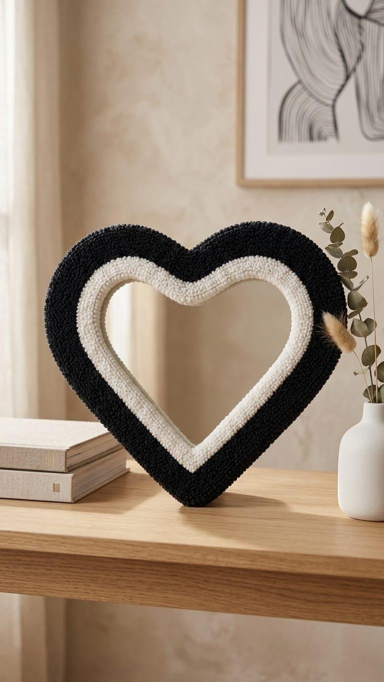 Black Heart Tufted Mirror, Handmade Heart Wall Mirror, Funky Punch Needle Mirror, Cute Bedroom Decor, Dopamine Wall Decor, Unique Gift