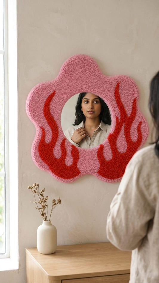 Flame Mirror, Pink Tufted Mirror, Red Flame Wall Decor, Funky Wall Mirror, Y2K Room Decor, Aesthetic Mirror, Handmade Bedroom Decor