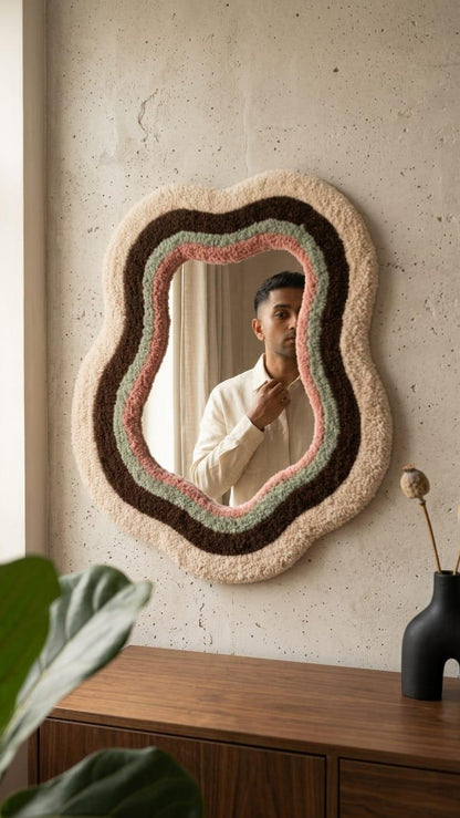 Tufted Wavy Mirror | Sage Green Pink Punch Needle Wall Art, Boho Decor