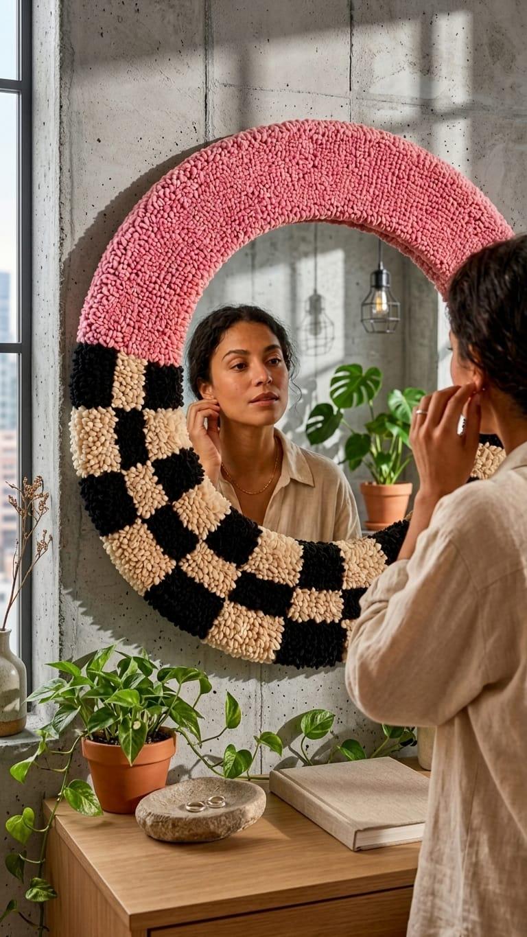 Handmade Tufted Round Mirror | Pink Checkerboard Punch Needle Wall Art