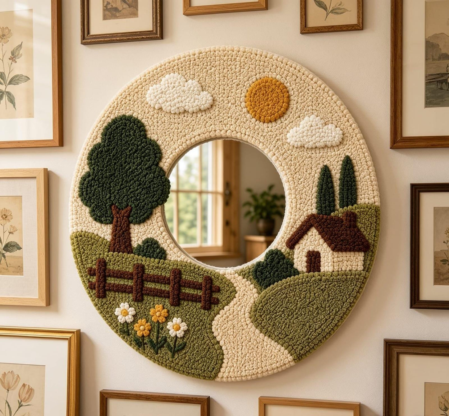 Tufted Landscape Mirror, Round Scenery Wall Art, Punch Needle Cozy Farmhouse Decor