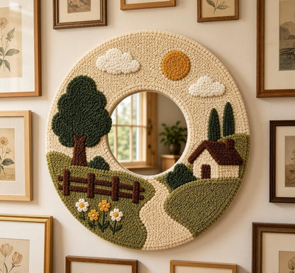 Tufted Landscape Mirror, Round Scenery Wall Art, Punch Needle Cozy Farmhouse Decor