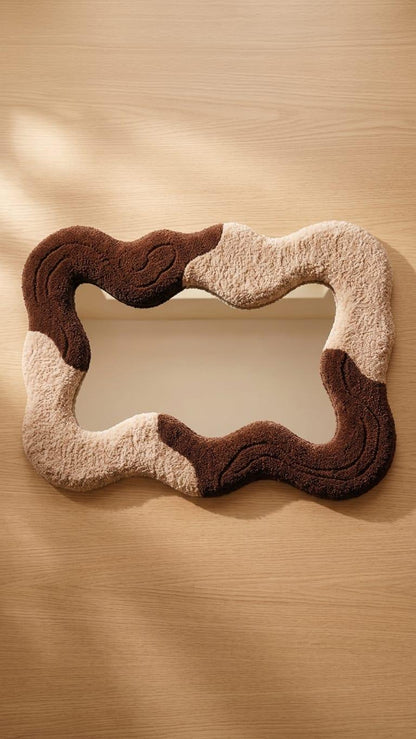 Tufted Wavy Mirror, Asymmetrical Chocolate Cream Wall Decor, Punch Needle Boho Style