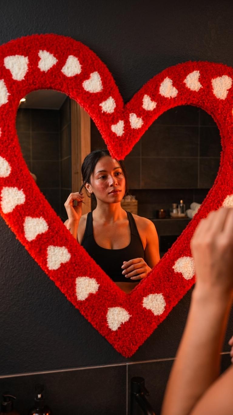 Handmade Heart Tufted Mirror, Red Plush Wall Decor, Romantic Valentine Room Accent