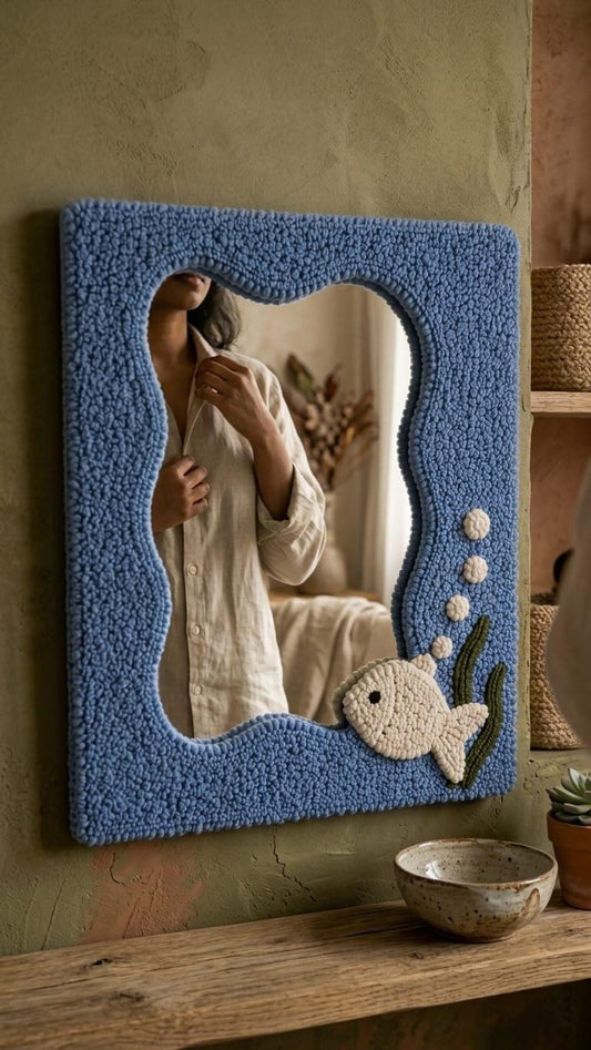 Fish Mirror, Tufted Wall Mirror, Ocean Wall Decor, Nautical Room Decor, Kids Room Mirror, Handmade Blue Mirror, Sea Life Decor