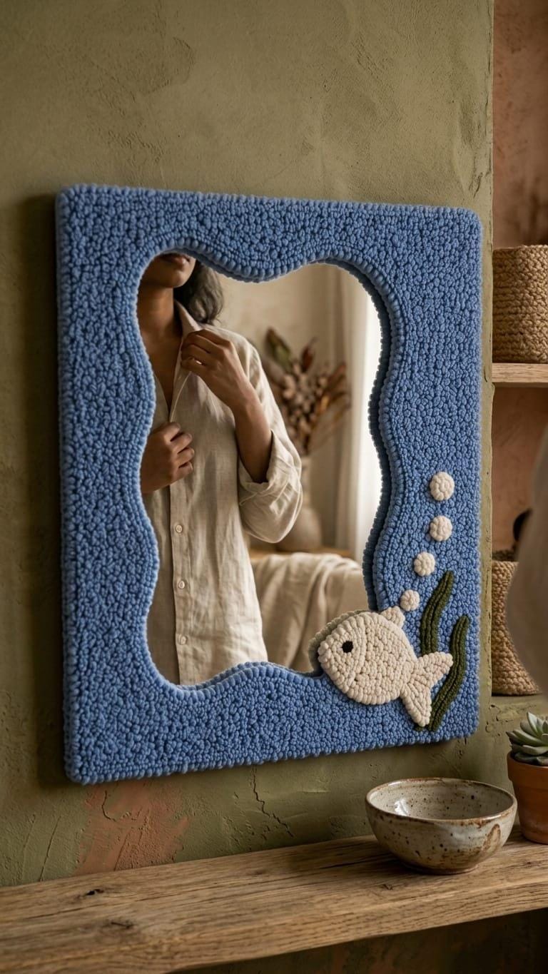 Fish Mirror, Tufted Wall Mirror, Ocean Wall Decor, Nautical Room Decor, Kids Room Mirror, Handmade Blue Mirror, Sea Life Decor