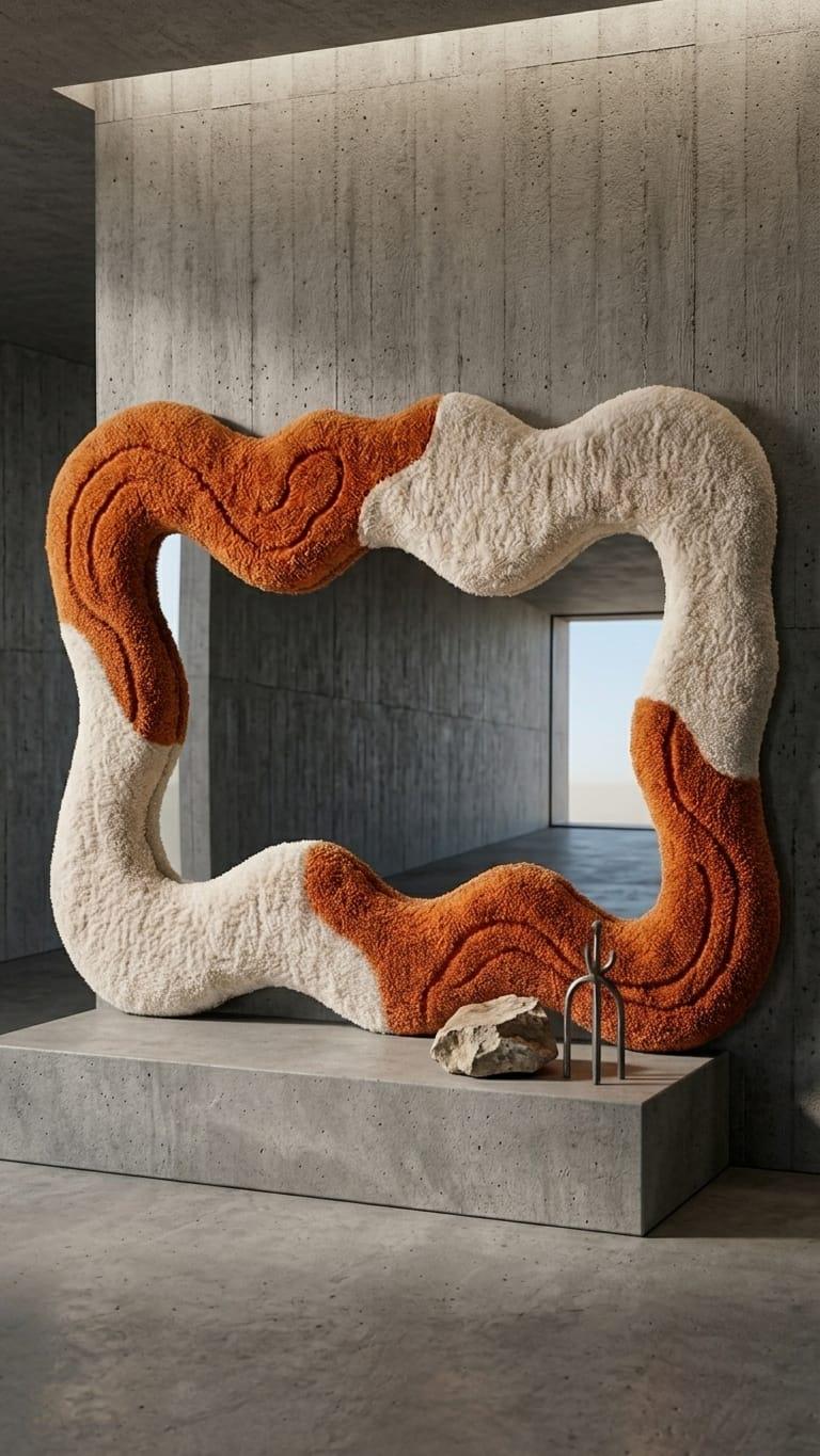 Tufted Wavy Mirror, Terracotta Asymmetrical Boho Wall Art, Punch Needle Decor