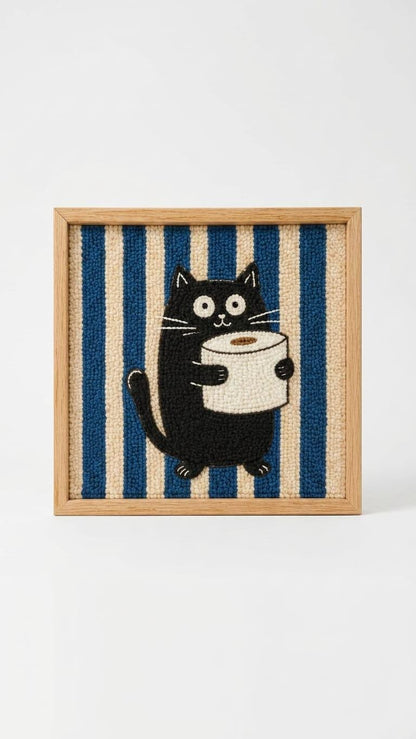 Funny Black Cat Bathroom Wall Art | Tufted Toilet Paper Cat Frame | Punch Needle Restroom Decor | Cat Lover Gift