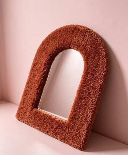Handmade Bouclé Arch Mirror, Burnt Orange Plush Wall Decor, Cozy Bedroom Vanity Mirror