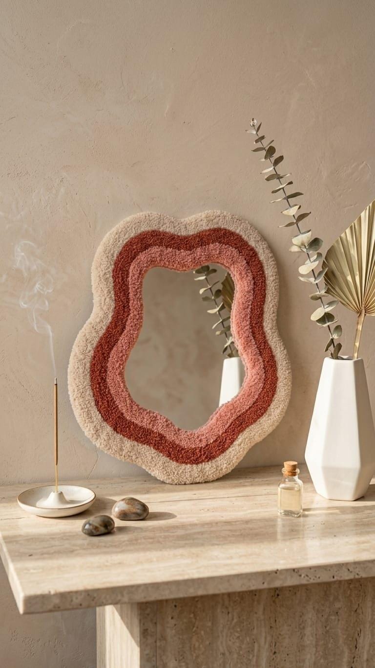 Tufted Wavy Mirror | Organic Punch Needle Wall Art, Boho Terracotta Pink Room Decor