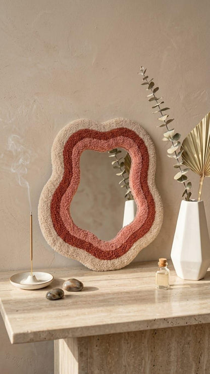 Tufted Wavy Mirror | Organic Punch Needle Wall Art, Boho Terracotta Pink Room Decor