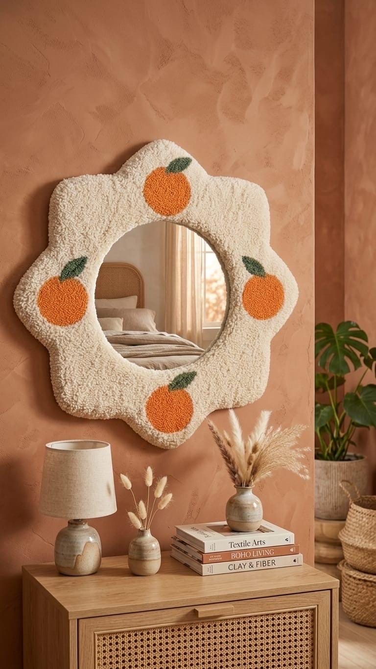 Tufted Orange Fruit Mirror | Flower Punch Needle Wall Art | Boho Wavy Cream Mirror