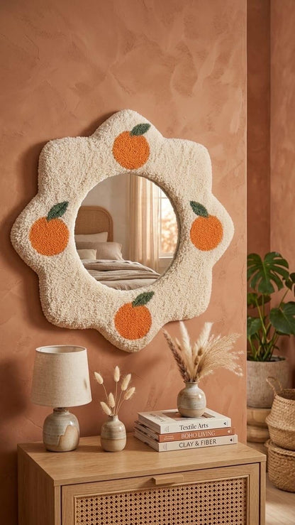 Tufted Orange Fruit Mirror | Flower Punch Needle Wall Art | Boho Wavy Cream Mirror