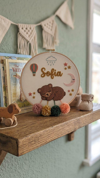 Personalized Sleeping Bear Punch Needle Hoop Art, Boho Nursery Name Sign