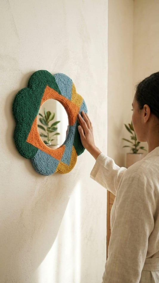 Colorful Tufted Flower Mirror, Retro Punch Needle Wall Decor, Boho Vanity Mirror