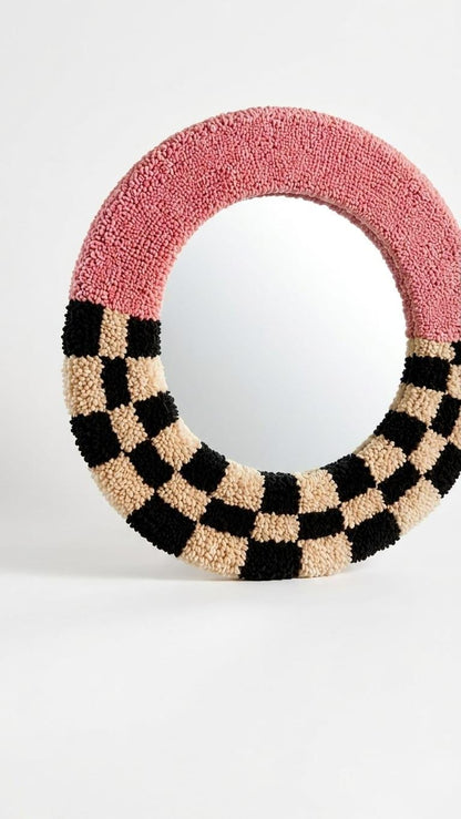 Handmade Tufted Round Mirror | Pink Checkerboard Punch Needle Wall Art