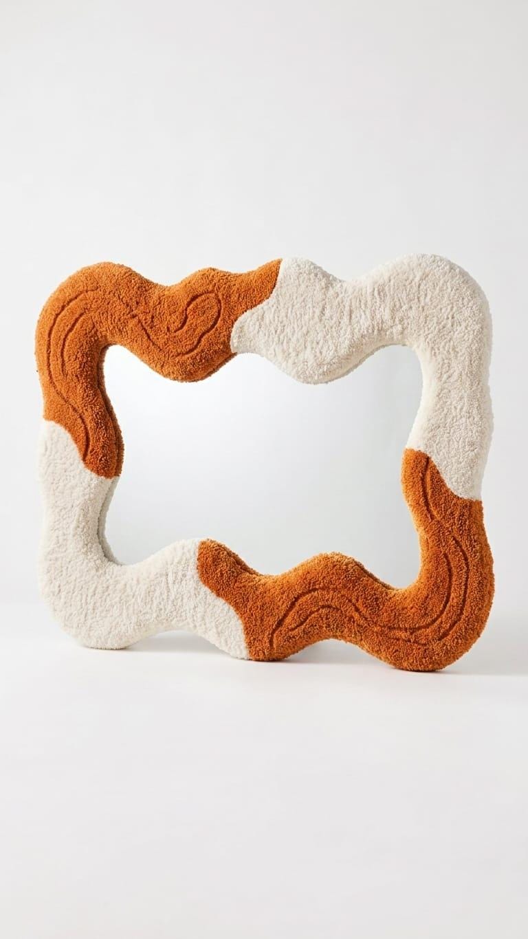 Tufted Wavy Mirror, Terracotta Asymmetrical Boho Wall Art, Punch Needle Decor