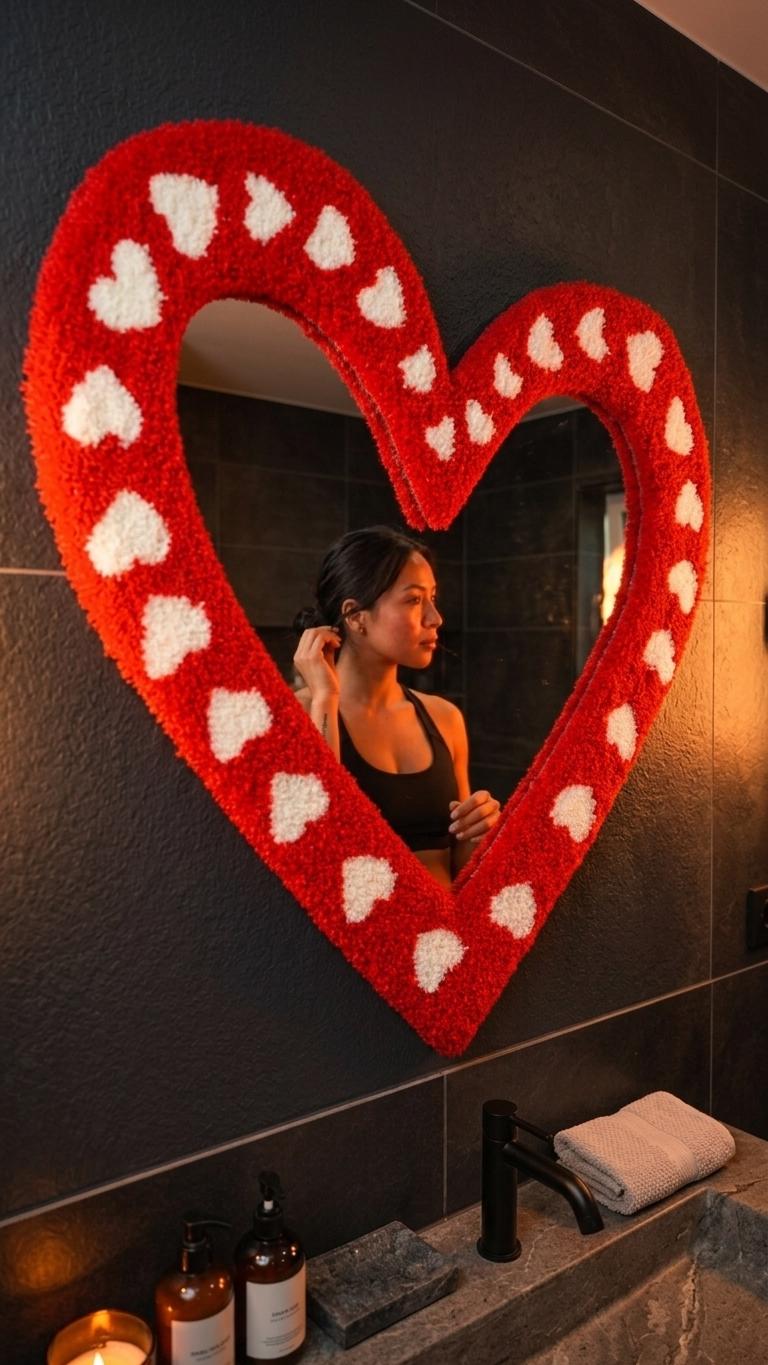 Handmade Heart Tufted Mirror, Red Plush Wall Decor, Romantic Valentine Room Accent